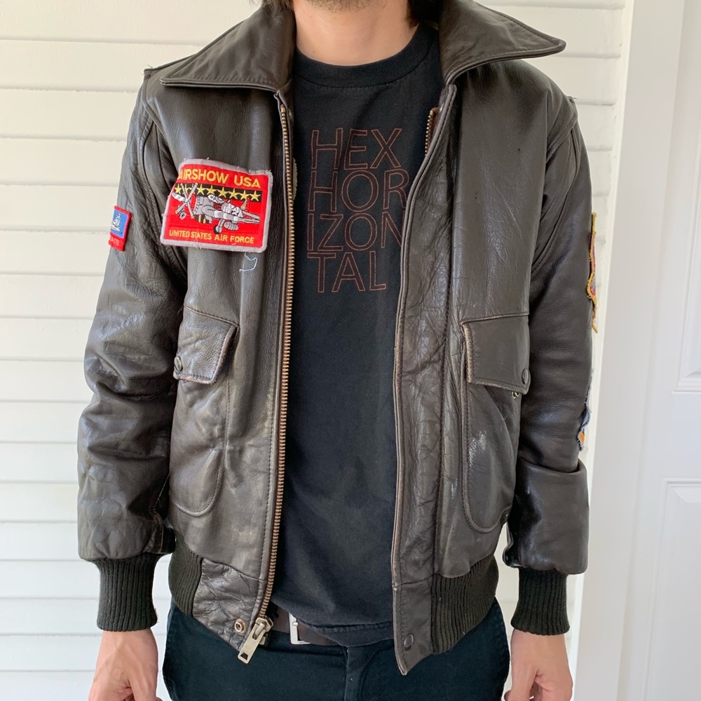 Vintage brown leather bomber flight jacket Top Gun